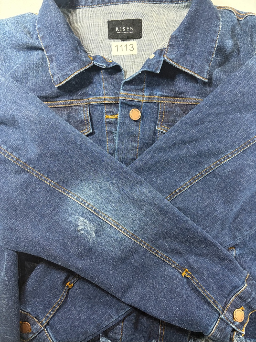 Risen "The New Essentials" Distressed Dark Blue Denim Jacket (2XL) - Picture 3 of 5